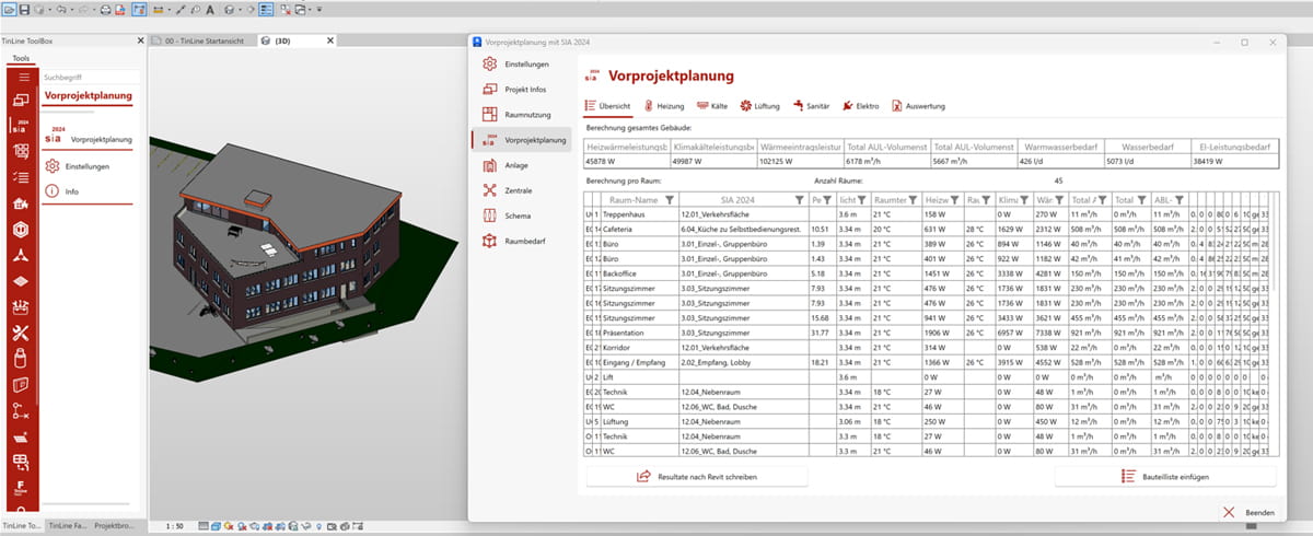 Vorprojektplanung in TinLine Revit - Gebäudetechnik